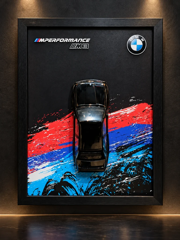 تابلو دکوراتیو ماکت بی‌ام‌و M3 مدل BMW M Performance با طراحی سه‌بعدی مشکی