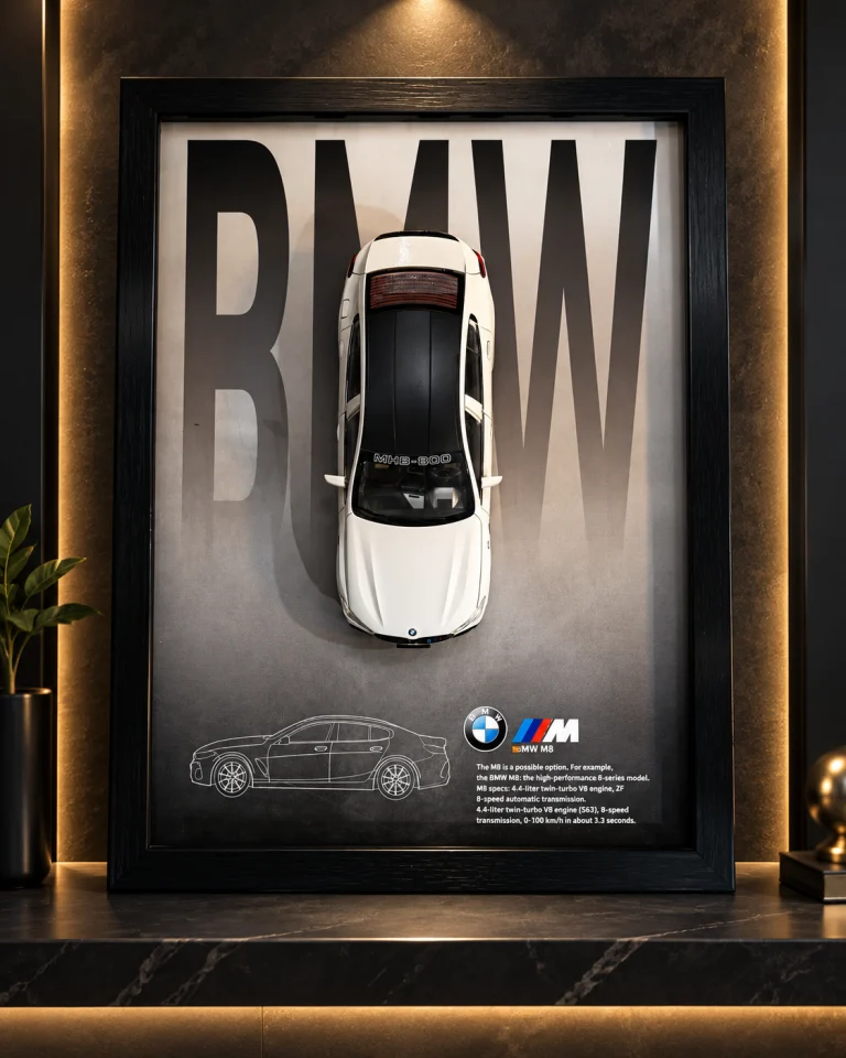 تابلو دکوراتیو ماکت بی‌ام‌و BMW M8 با طراحی سه‌بعدی سفید و مشکی