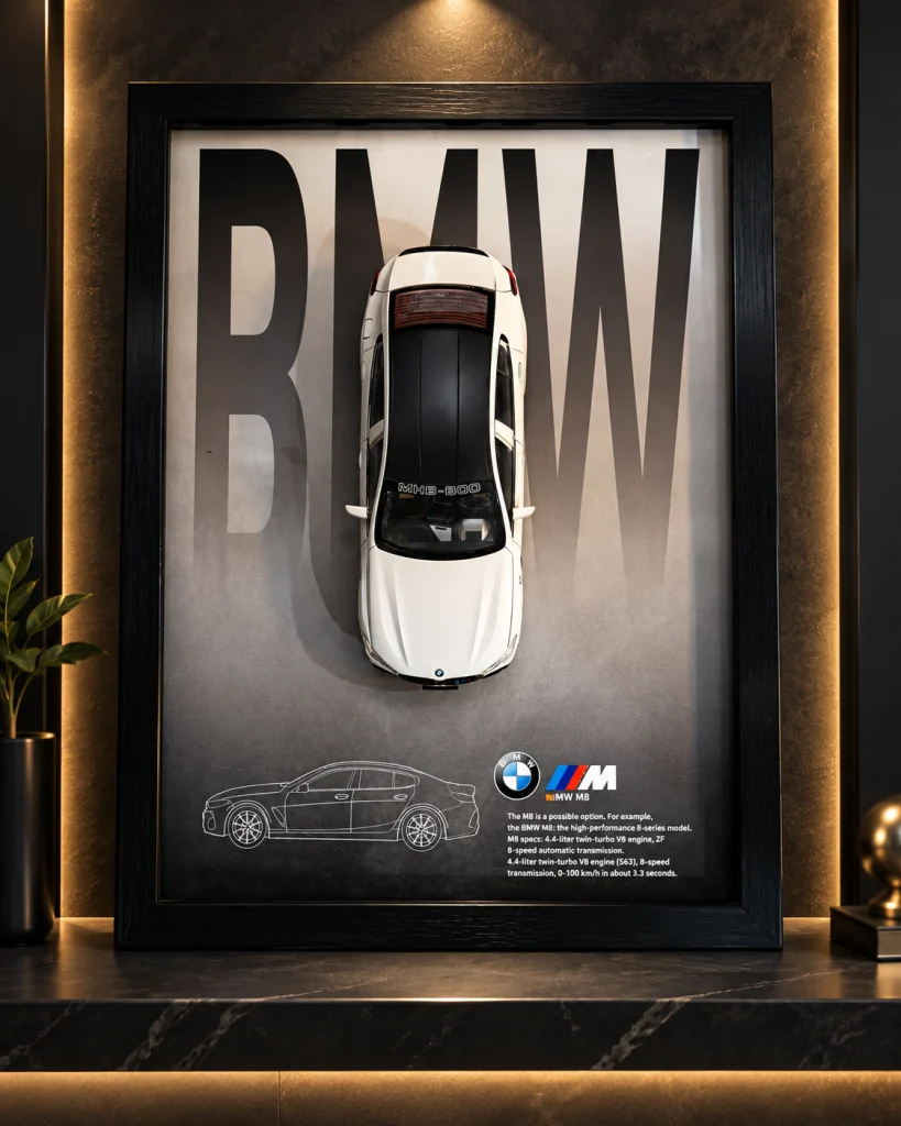 تابلو دکوراتیو ماکت بی‌ام‌و BMW M8 با طراحی سه‌بعدی سفید و مشکی