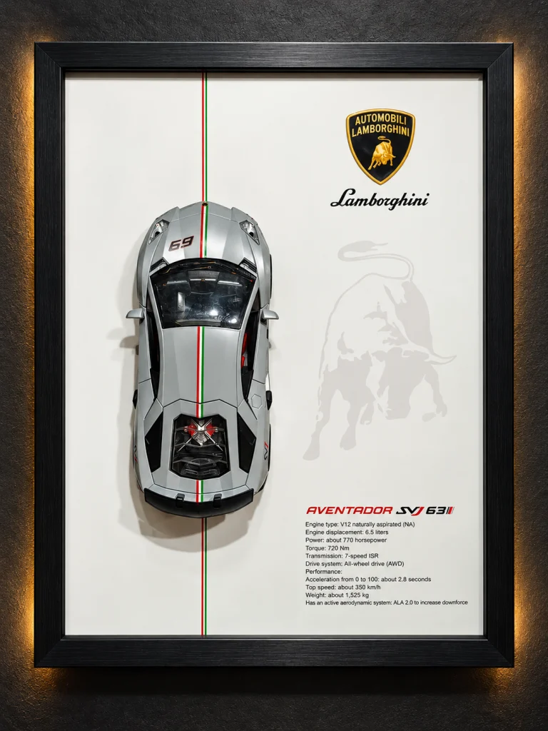 تابلو دکوراتیو ماکت لامبورگینی اونتادور SVJ 63 مدل Lamborghini Aventador با ماکت سه‌بعدی نقره‌ای