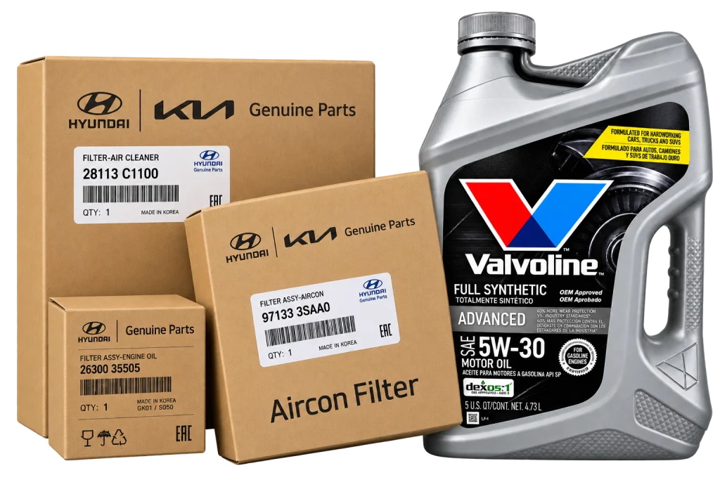 پک روغن و فیلتر سرویس دوره‌ای اپتیما GT Line و سوناتا LF | روغن والوالین 5W-30 + سه فیلتر Hyundai/Kia