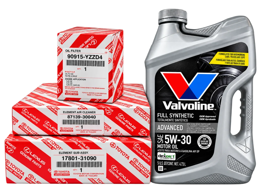 پک سرویس دوره‌ای تویوتا لندکروز ۲۰۱۲ | روغن موتور Valvoline 5W-30 و سه فیلتر Toyota Genuine Parts